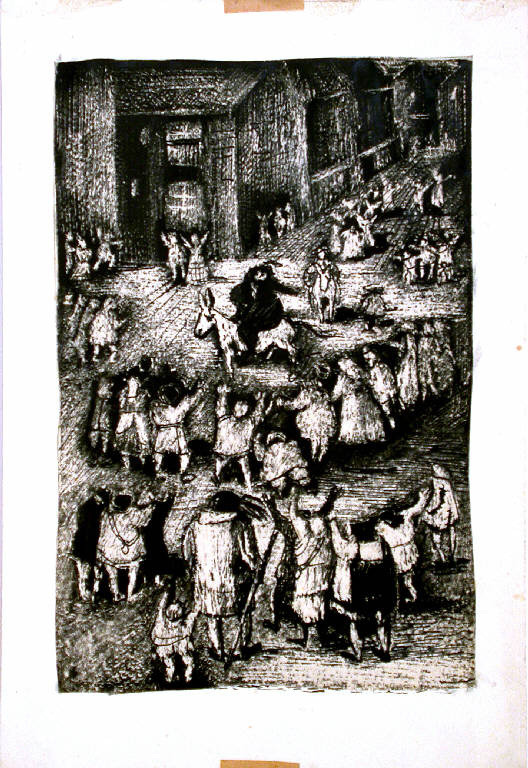 Illustrazione, Scena di folla (disegno) di Gualazzi Loris (seconda metà sec. XX)