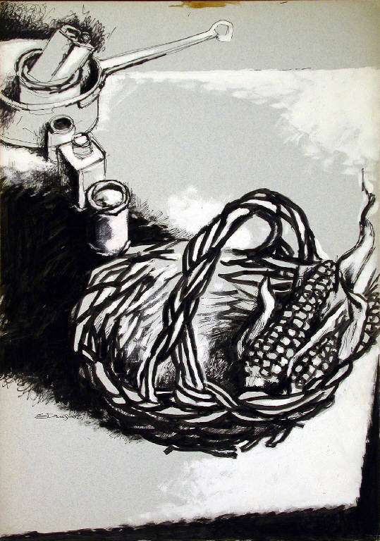 Natura morta con pannocchie, Cesto con pannocchie su un tavolo (dipinto) di Etrusco (sec. XX)