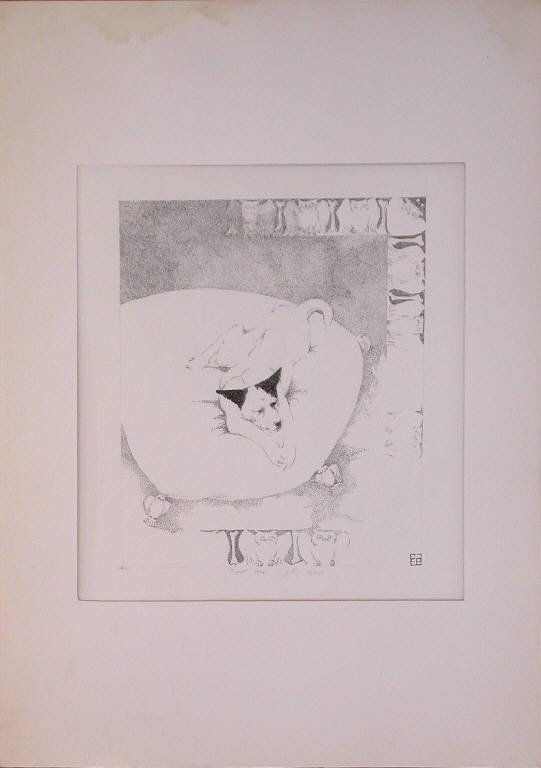 Pippo, Cane su poltrona in una stanza (dipinto) di Diana Pietro (sec. XX)