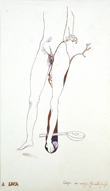 Senza titolo, Nudo maschile con strumento ai piedi (dipinto) di Fieschi Giannetto (seconda metà sec. XX)