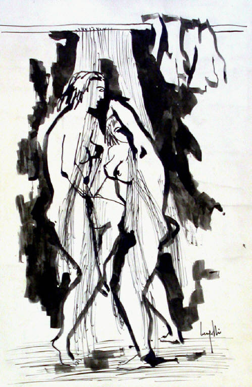 Sconforto, Figura maschile e femminile (dipinto) di Bergolli Aldo (seconda metà sec. XX)
