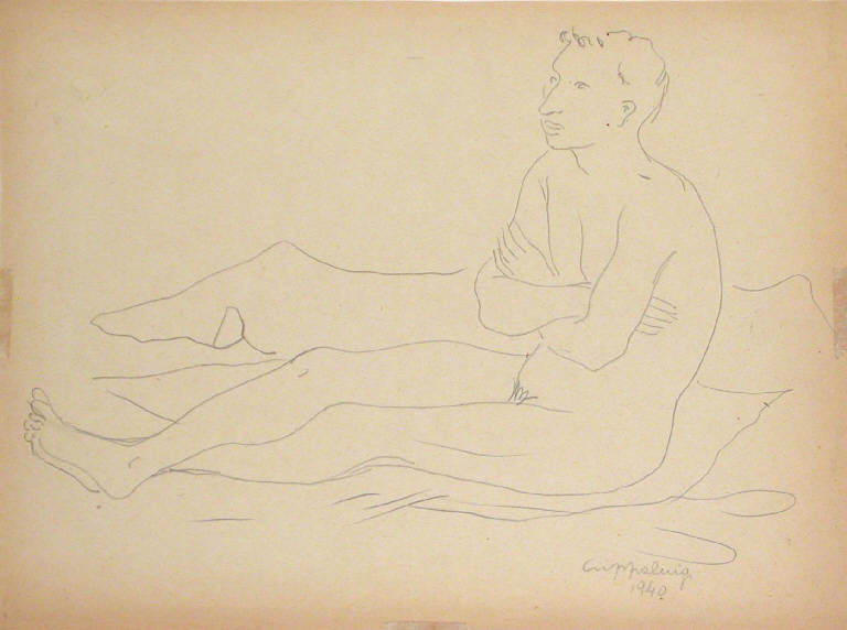 Senza titolo, Figura maschile seduta (dipinto) di Crippa Luca (sec. XX)