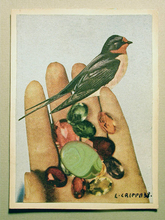 Senza titolo, Uccello appoggiato su mano femminile (dipinto) di Crippa Luca (sec. XX)