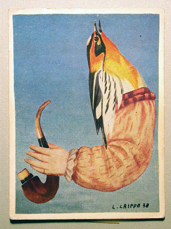 Senza titolo, Composizione surreale con uccello, braccio femminile e pipa (dipinto) di Crippa Luca (sec. XX)
