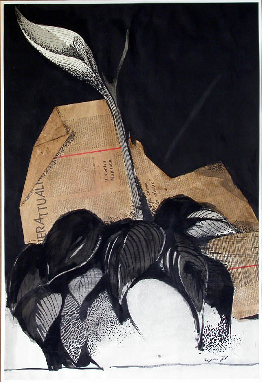 Senza titolo, Vaso con fiori (collage) di Repossi Achille (sec. XX)