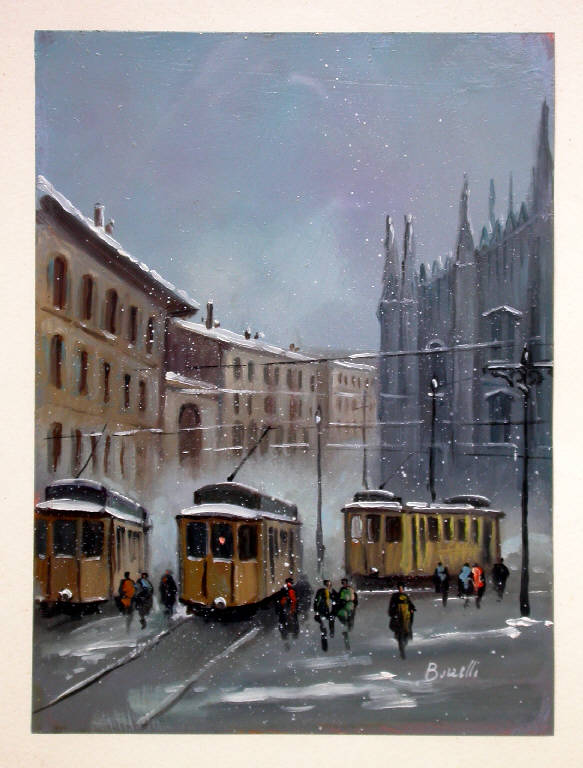 Milano, PAESAGGIO CITTADINO (dipinto) di Brunelli Lino (terzo quarto sec. XX)