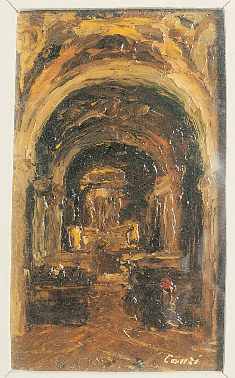 Interno di chiesa, ARCHITETTURA (dipinto) di Canzi Mario (terzo quarto sec. XX)