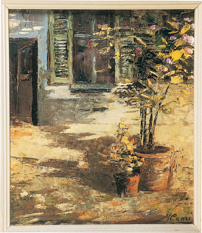 Vasi in cortile (dipinto) di Canzi Mario (metà sec. XX)