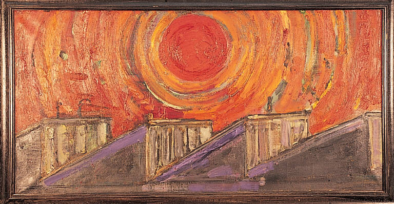 Sole rosso, Paesaggio (dipinto) di Frangi Giovanni (sec. XX)