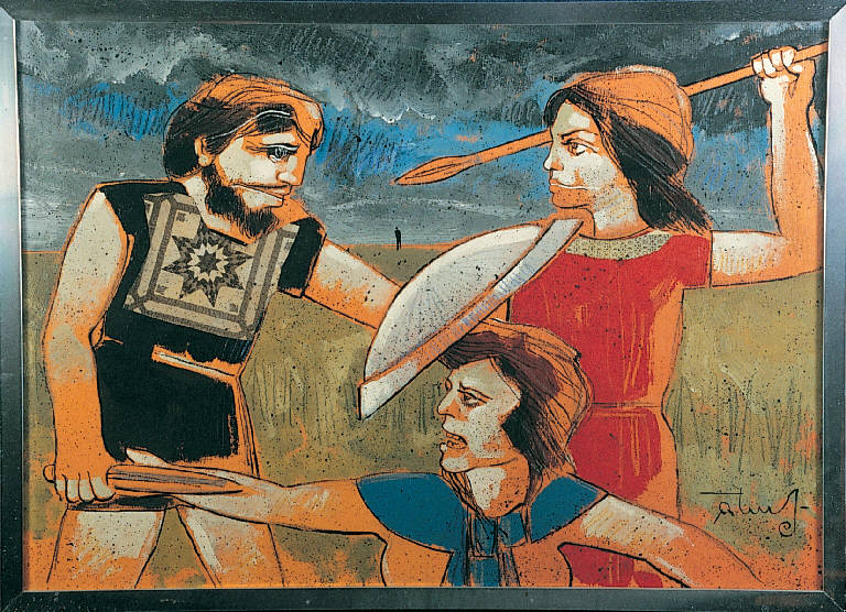 Minerva protegge Cassandra (dipinto) di Tuis Aldo (seconda metà sec. XX)