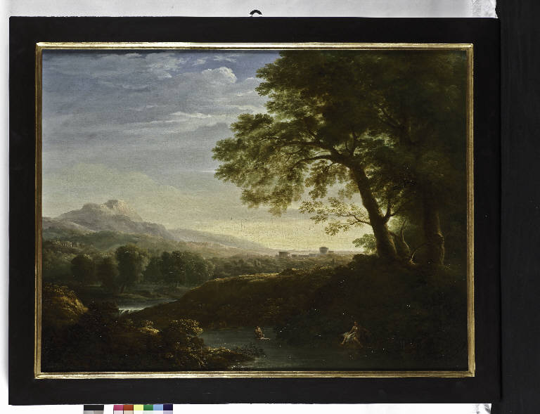 Paesaggio con macchiette (Leda), PAESAGGIO CON MACCHIETTE (dipinto) di Tambroni, Gaetano (sec. XIX)