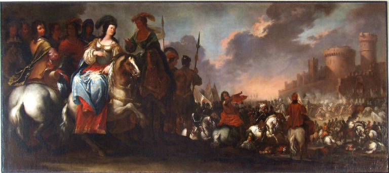 Una principessa (Cristina di Francia?) circondata da diversi ufficiali, sopra un campo di battaglia, Principessa con ufficiali (dipinto) di Nuvolone, Giuseppe (sec. XVII)