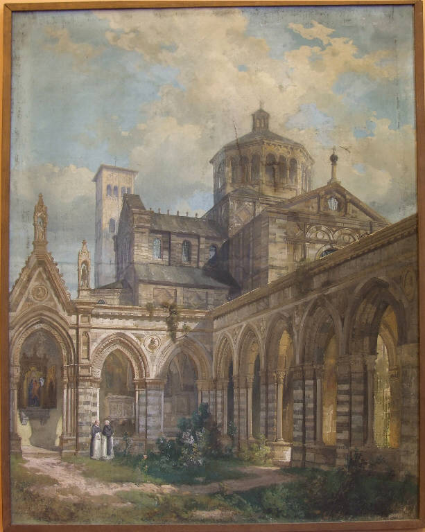 Chiostro con chiesa, Chiostro con chiesa (dipinto) di pittore, ignoto (sec. XIX)