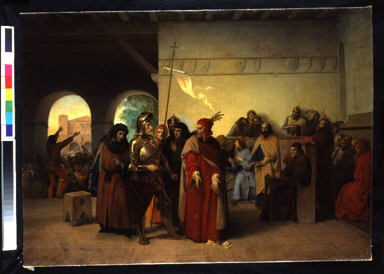 I consoli milanesi lacerano e calpestano il decreto del Barbarossa, I CONSOLI MILANESI (dipinto) di Hayez, Francesco (sec. XIX)