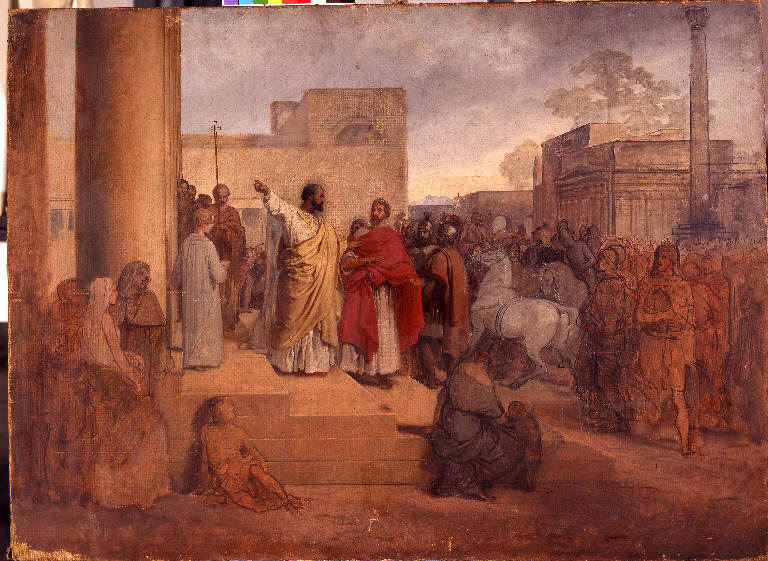 Sant'Ambrogio ricusa l'entrata nel Tempio all'imperatore Teodosio, SANT'AMBROGIO (dipinto) di Hayez, Francesco (terzo quarto sec. XIX)