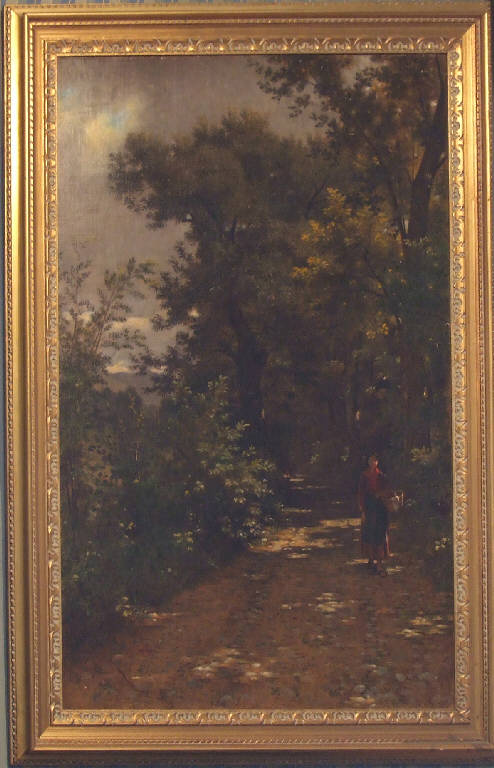 Paesaggio boscoso con contadina, Bosco con contadina (dipinto) di pittore, ignoto (seconda metà sec. XIX)