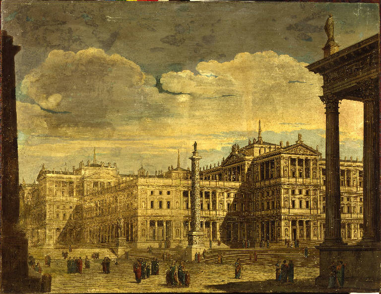 Piazza romana, Veduta prospettica di una piazza romana (dipinto) di Landriani, Paolo (prima metà sec. XIX)