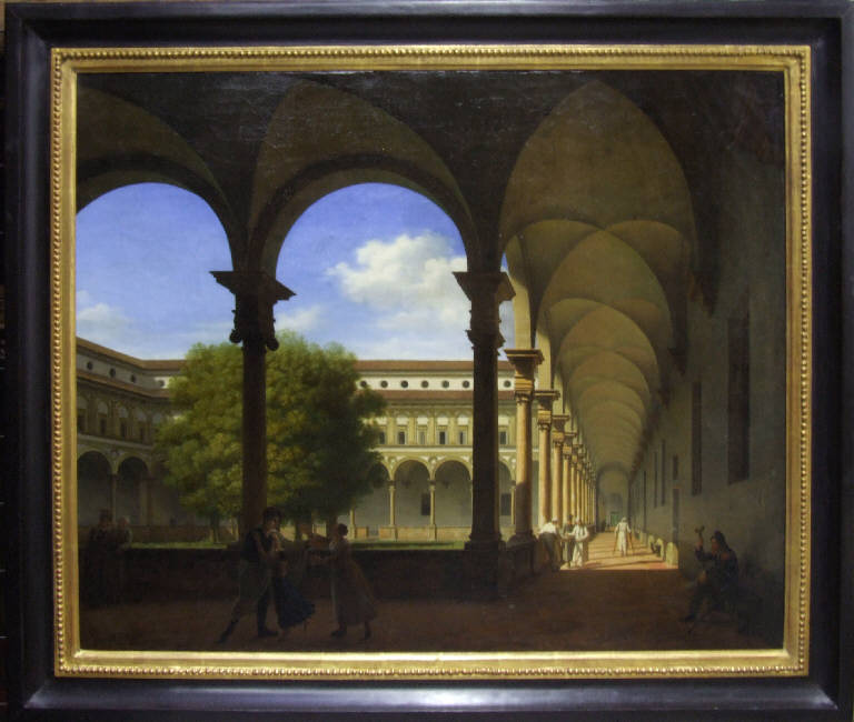 Un claustro dell'ospedale militare di Sant'Ambrogio, CHIOSTRO DELL'OSPEDALE MILITARE DI SANT'AMBROGIO (dipinto) di Fradelle, Joseph (sec. XIX)