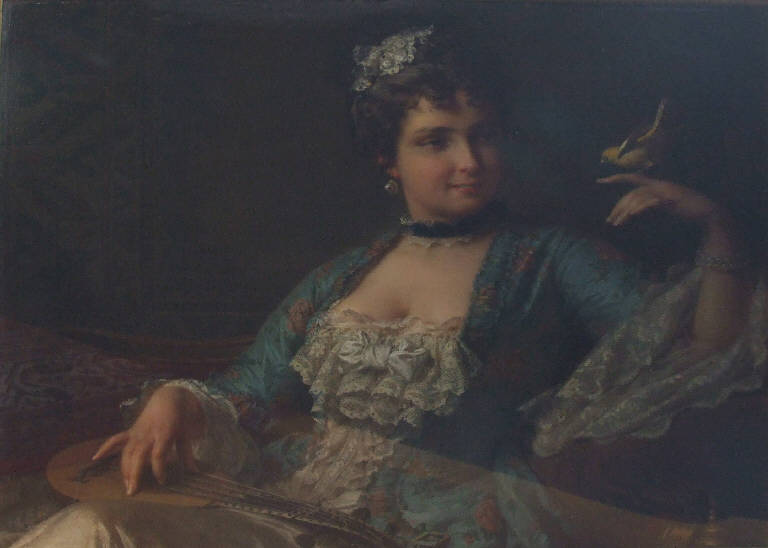 Mezza figura di donna in abito del '700 con cardellino e mandola, Donna con cardellino (dipinto) di pittore, ignoto (ultimo quarto sec. XIX)
