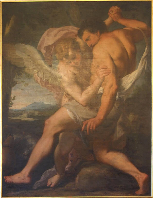 Composizione del '600. Angelo con figura d'uomo, Angelo con figura d'uomo (dipinto) di pittore, ignoto (sec. XVII)