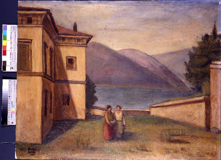 Paesaggio del lago d'Iseo, Paesaggio lacustre (dipinto) di Borra, Pompeo (secondo quarto sec. XX)