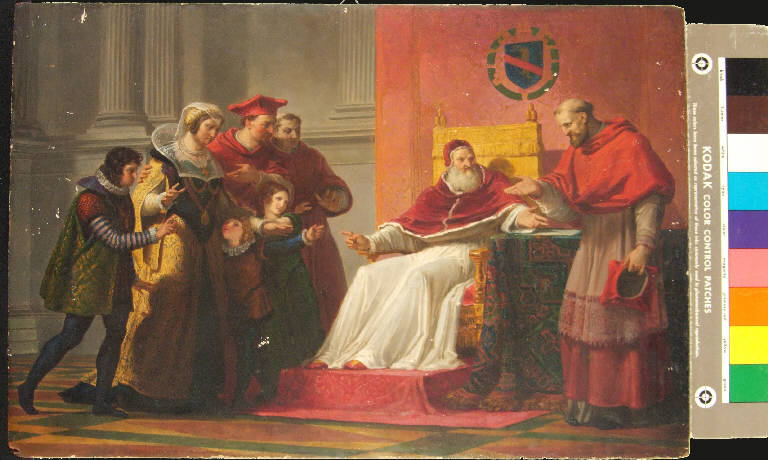 Sisto V rifiuta di riconoscere la sorella e i nipoti presentati in abiti principeschi, SISTO V (dipinto) di Palagi Pelagio (secondo quarto sec. XIX)
