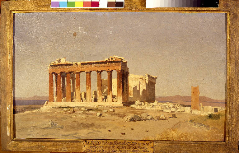 Il Partenone con Salamina sullo sfondo, VEDUTA DEL PARTENONE (dipinto) di Pasini Alberto (terzo quarto sec. XIX)