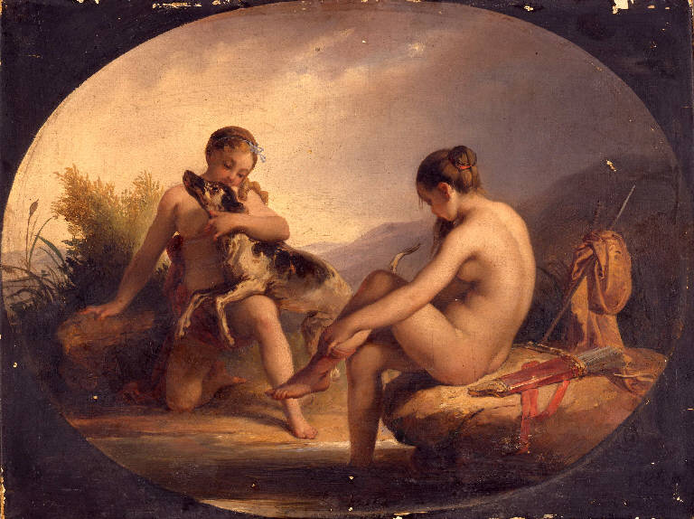 Due ninfe che scherzano con un cane, NINFE CON CANE (dipinto) di Podesti Francesco (sec. XIX)