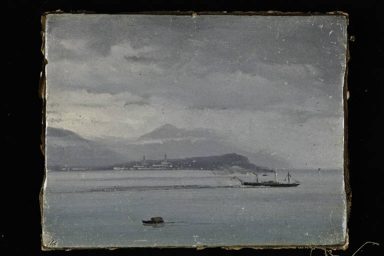 Battello sul Lago Maggiore, PAESAGGIO LACUSTRE (dipinto) di Prinetti Costantino (metà sec. XIX)