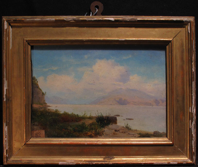 Spiaggia sul lago di Garda, PAESAGGIO LACUSTRE (dipinto) di Prinetti Costantino (metà sec. XIX)