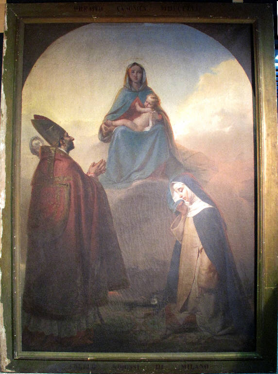 La Vergine con il divin Figlio e i Santi Carlo Borromeo e Caterina da Siena, MADONNA CON BAMBINO, S. CARLO E S. CATERINA (dipinto) di Ribossi Angelo (terzo quarto sec. XIX)