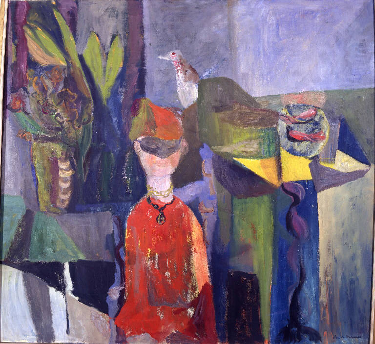 La timida colomba, DONNA CON COLOMBA (dipinto) di Treccani Ernesto (secondo quarto sec. XX)