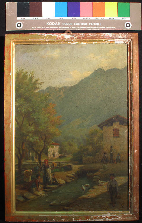 Le lavandaie, PAESAGGIO CON DONNE AL TORRENTE (dipinto) di Villa Fabio (seconda metà sec. XIX)