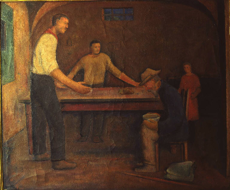 Il mendicante, INTERNO CON FIGURE (dipinto) di Vitali Alberto (secondo quarto sec. XX)