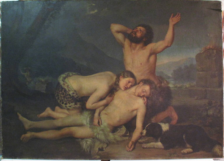 Adamo ed Eva che piangono sul corpo dell'estinto Abele, ADAMO ED EVA CON IL CORPO DI ABELE (dipinto) di Zatti Carlo (secondo quarto sec. XIX)