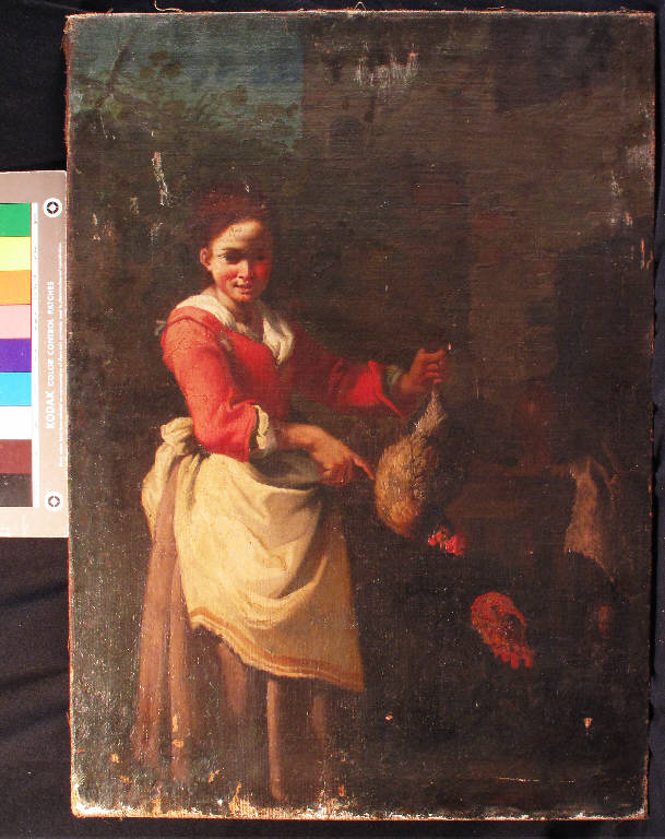Ragazza con pollo, ESTERNO CON FIGURA FEMMINILE (POLLIVENDOLA ?) (dipinto) di pittore ignoto (sec. XIX)