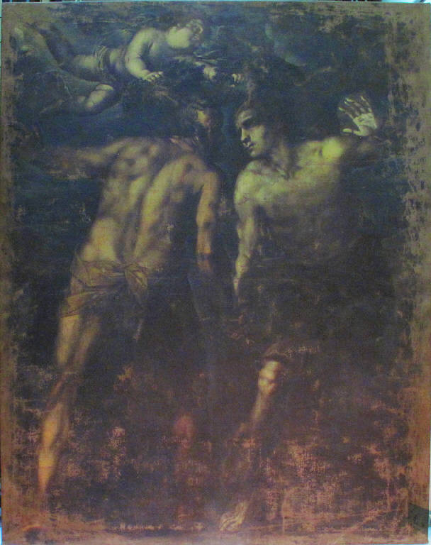 Due figure maschili e un angelo, UOMINI CON ANGELO (dipinto) di pittore ignoto