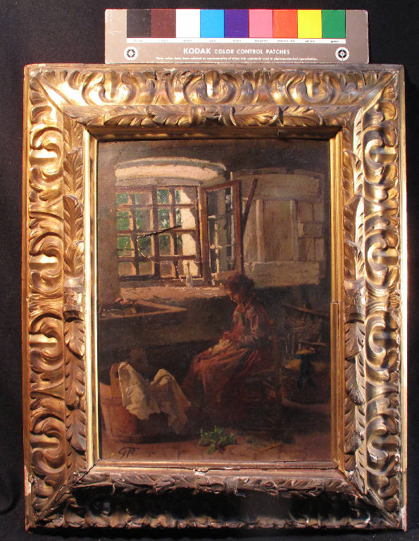 Fanciulla intenta al lavoro, fanciulla al lavoro (dipinto) di Puricelli Giuseppe (terzo quarto sec. XIX)