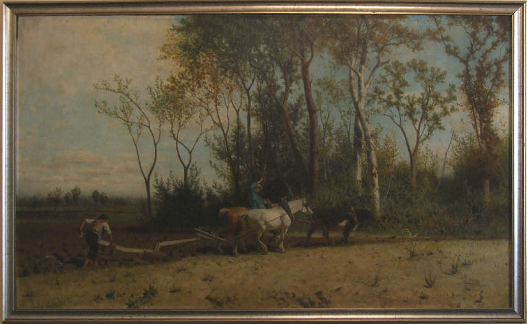 L'aratro, PAESAGGIO CON ANIMALI E CONTADINI (dipinto) di Steffani Luigi (terzo quarto sec. XIX)
