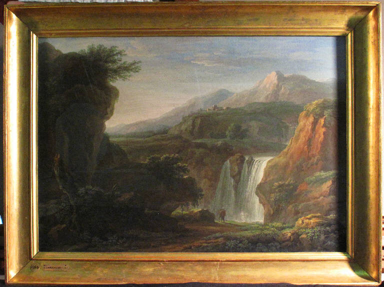 Cascata, PAESAGGIO CON CASCATA E FIGURE (dipinto) di Burcher Gaetano (sec. XIX)