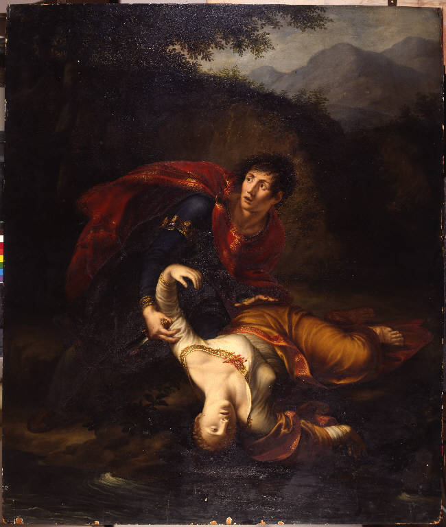 Radamisto in atto di spingere Zenobia ferita nel fiume Arasse, RADAMISTO E ZENOBIA (dipinto) di Alberi, Francesco (sec. XIX)