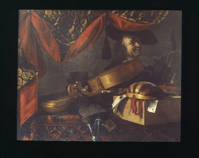 Strumenti musicali con ritratto, NATURA MORTA CON RITRATTO (dipinto) di Baschenis, Evaristo; Adler, Salomon (sec. XVII)