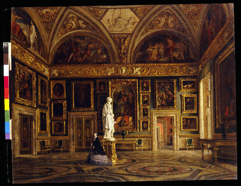 Veduta della sala detta dell'Iliade nella R. Galleria Pitti in Firenze, INTERNO DELLA SALA "ILIADE" A PALAZZO PITTI (dipinto) di Caligo, Domenico (sec. XIX)