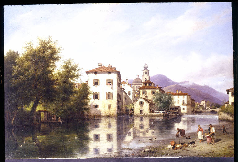 Paesaggio di Lombardia (Veduta di Trento), PAESAGGIO LOMBARDO CON FIUME (dipinto) di Canella, Giuseppe (sec. XIX)