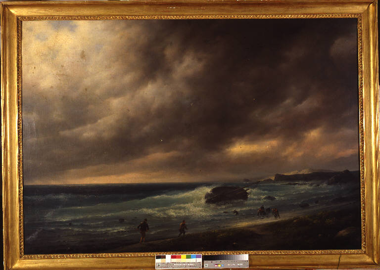 Burrasaca di mare sulla spiaggia di Scheveningen, PAESAGGIO MARINO CON BURRASCA (dipinto) di Canella, Giuseppe (sec. XIX)