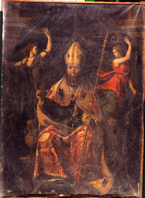 Sant'Ambrogio e angeli, SANT'AMBROGIO (dipinto) di Sellari, Girolamo (cerchia) (sec. XVI)