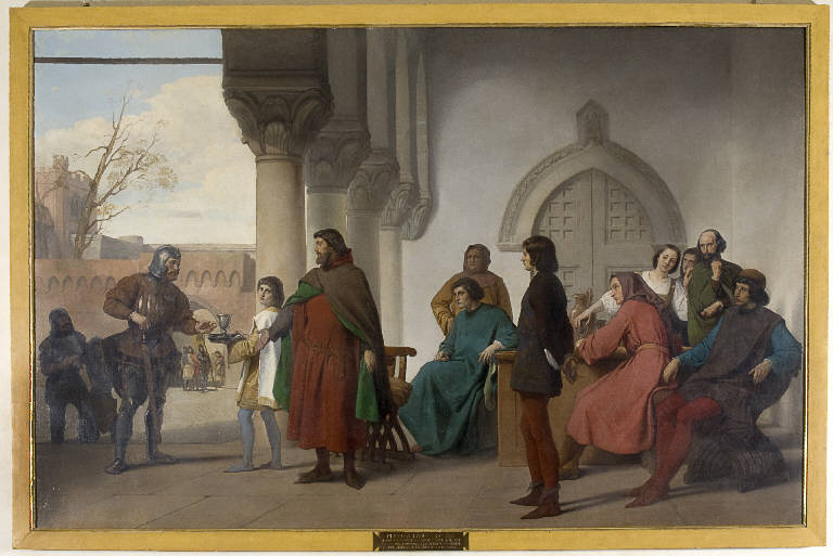 Matteo Visconti accoglie alcuni militi imperiali spediti con l'ordine di arrestarlo se lo trovavano in armi, Matteo visconti (dipinto) di Pecora, Livio Matteo (sec. XIX)