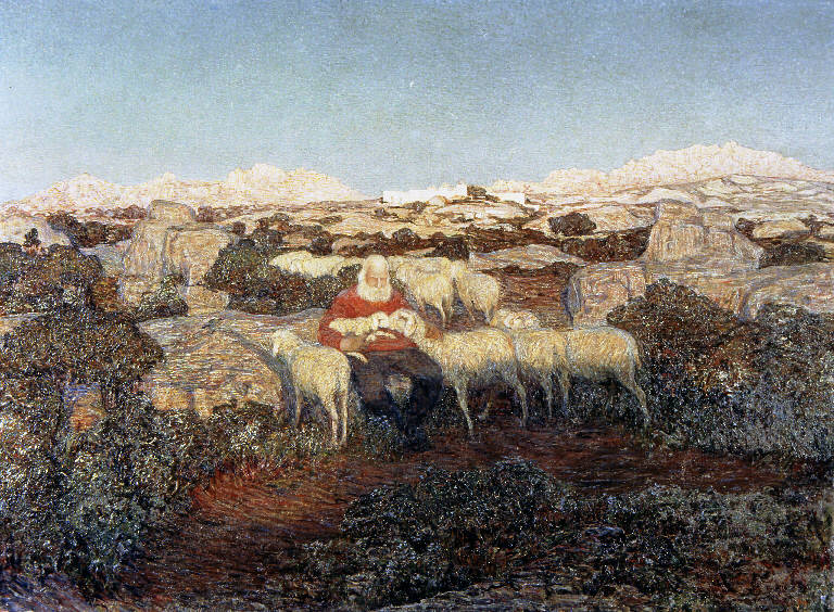 Tramonto di una coscienza serena, Paesaggio con tramonto e pastori (dipinto) di Longoni, Baldassarre (sec. XX)