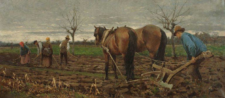 Sul campo di lavoro, Paesaggio con contadini (dipinto) di Bartezago, Enrico (sec. XIX)