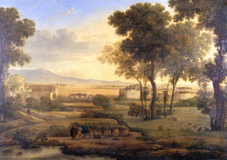 Tramonto nella campagna romana, Veduta della campagna romana al tramonto (dipinto) di Mezzera, Rosa (sec. XIX)